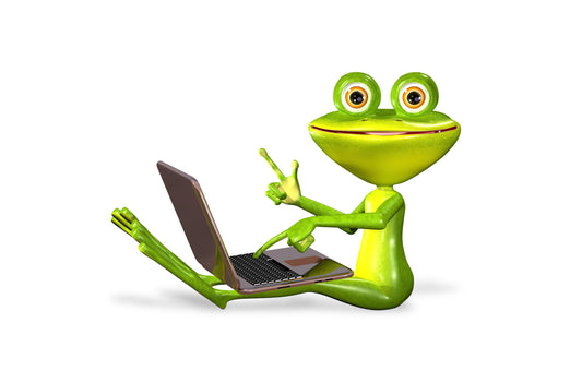 Bright green frog holding a laptop shopping for mealworms onlinee