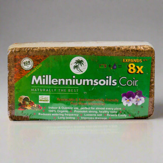 Millenniumsoils coir block with green label on a white background