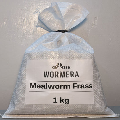 Close-up of 1 kg bag of mealworm frass.